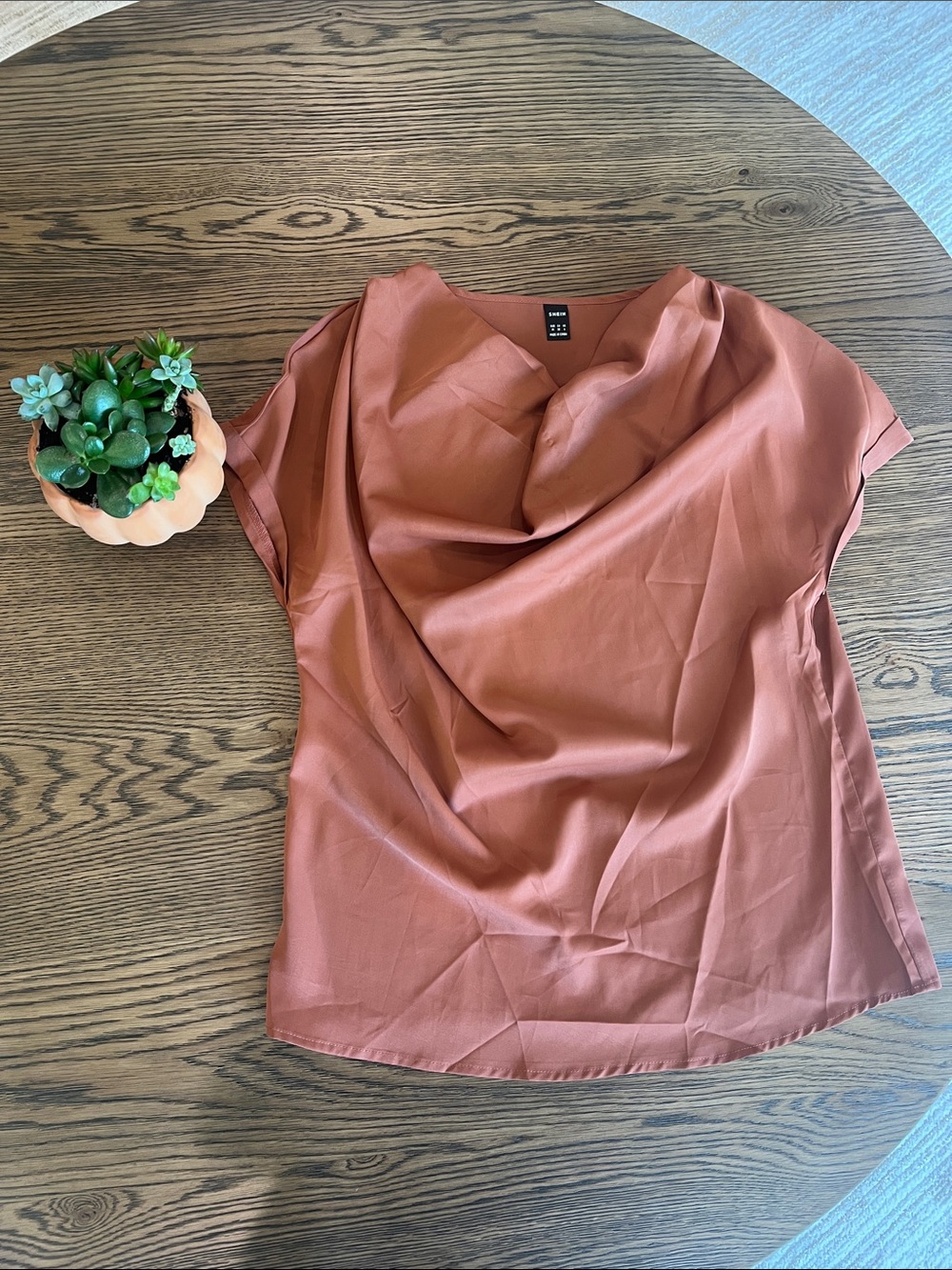 SHEIN Rust Draped Cowl Neck Blouse